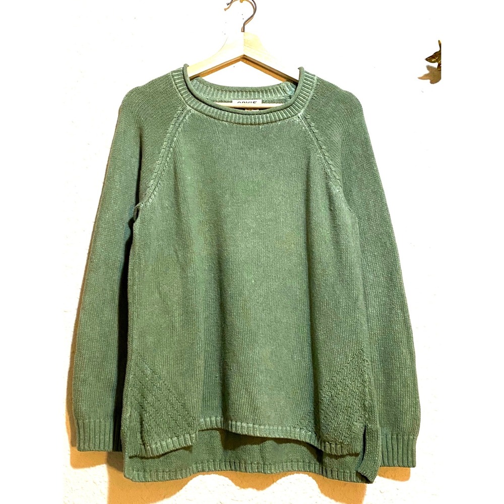 Orvis Womens Sage Green 100% Cotton knit Raglan crew rolled Neck Sweater large